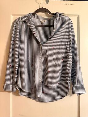 Beachlunchlounge Striped Button-Up Shirt with Red heart Embroidery